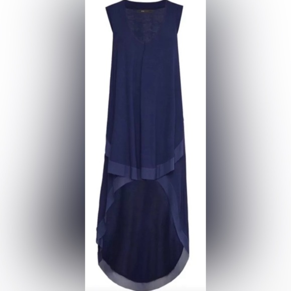 BCBG Maxazria SZ L navy blue hi/low sleeveless dress w/chiffon trim bust 36”-48” - Picture 11 of 11